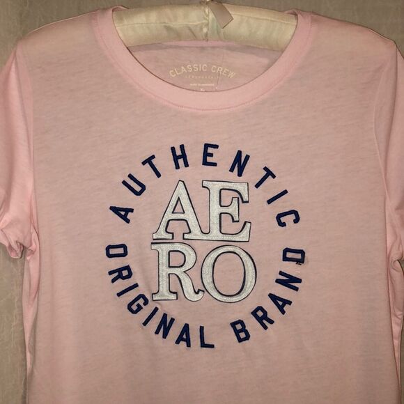 Aero XL Baby Pink Embroidered Navy Logo Classic Crew Short Sleeve Cotton Tee - Picture 3 of 8